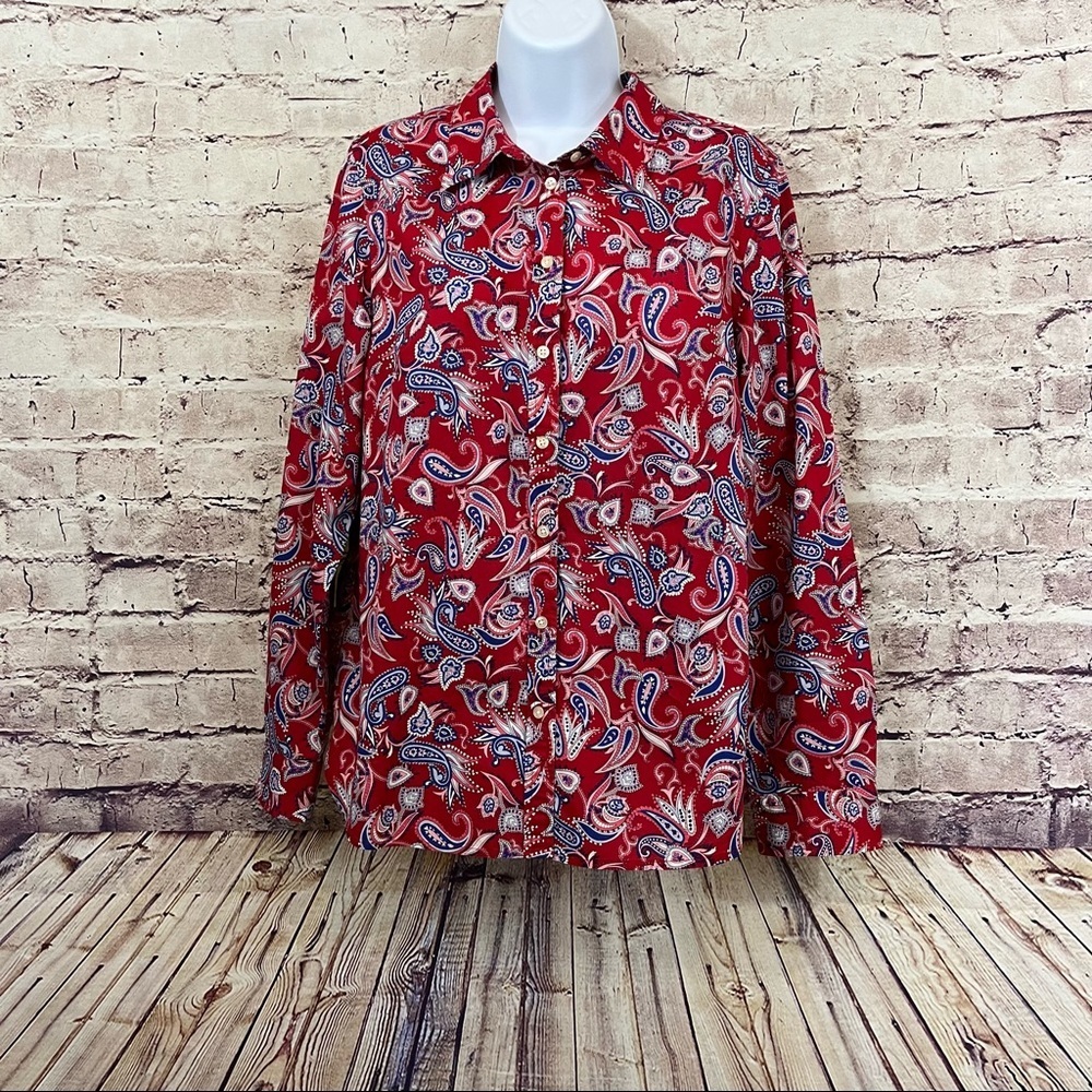 Talbots Red Paisley Button Front Roll Tab Sleeve Shirt
